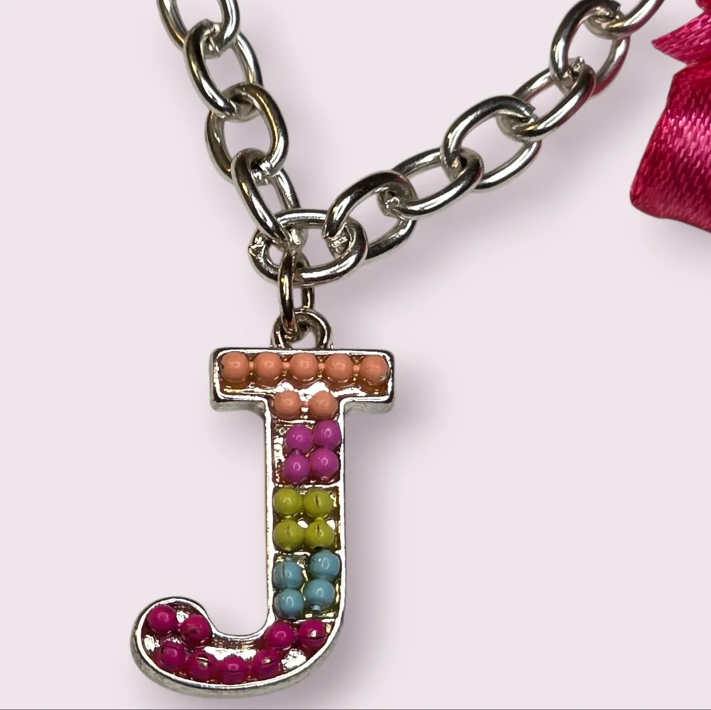 Justice Letter J Initial Charm Bracelet With Pink Ribbon Bow Fashion Jewelry